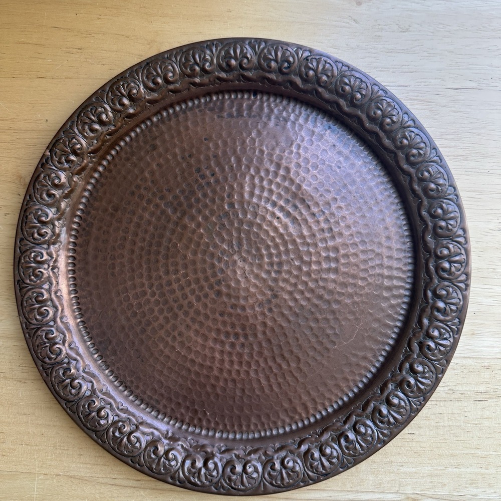 Vintage Armenian Hammered Solid Copper Plate Charger 9" Acanthus Border Dimpled